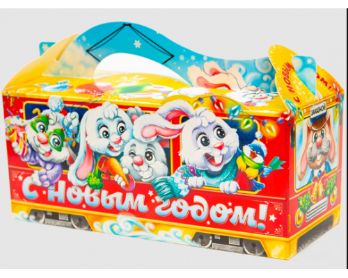 Коробка НГ Зайчики в трамвайчике 230х100х150 500гр (уп250) купить в Екатеринбурге в Упакофф